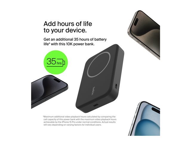 Belkin BoostCharge Pro - Wireless power bank - magnetic with Qi2 - 10000 mAh - 15 Watt - Fast Charge, PD - 2 output connectors (magnetic, 24 pin USB-C) - on cable: USB-C - black - for Apple iPhone 12, 13, 14, 15