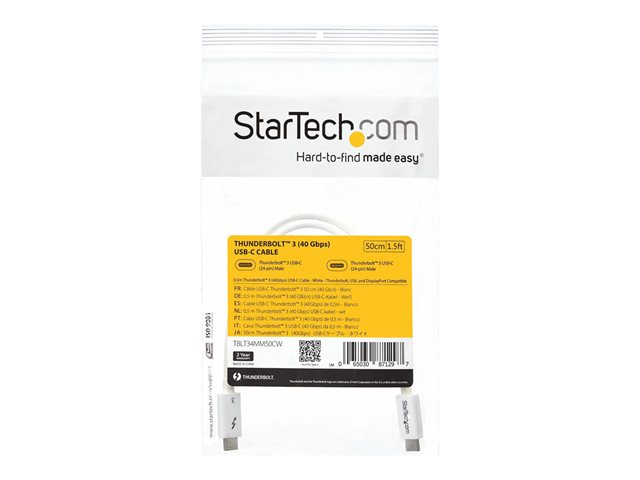 StarTech.com 1.6ft (50cm) Thunderbolt 3 Cable, 40Gbps, 100W PD, 4K/5K Video, Thunderbolt-Certified, Compatible w/ TB4/USB 3.2/DisplayPort - Thunderbolt cable - 24 pin USB-C (M) to 24 pin USB-C (M) - USB 3.1 Gen 2 / Thunderbolt 3 / DisplayPort 1.2 - 50 cm - 4K support - white - for P/N: CDP2HDUACP, CDP2HDUACPW, PEXUSB321C, TB33A1C