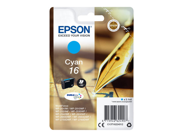 Epson 16 - 3.1 ml - cyan - original - blister with RF alarm - ink cartridge - for WorkForce WF-2010, 2510, 2520, 2530, 2540, 2630, 2650, 2660, 2750, 2760