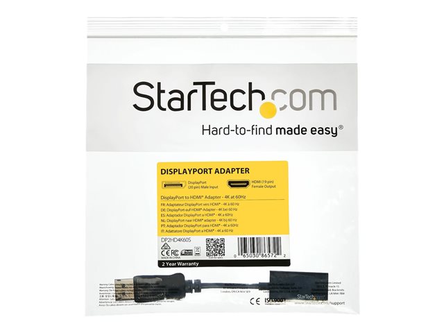StarTech.com DisplayPort to HDMI Adapter - DP to HDMI - 4K 60Hz (DP2HD4K60S) - Video converter - DisplayPort - HDMI - for P/N: DK30C2DAGPD, TB32DP14, TB32DP2T, TB3DK2DHV, TB3DK2DHVUE