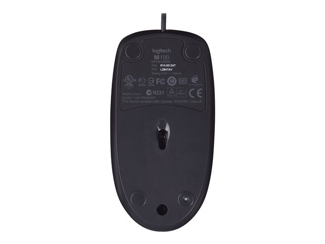 Logitech M100 - Mouse - full size - right and left-handed - optical - 3 buttons - wired - USB - black