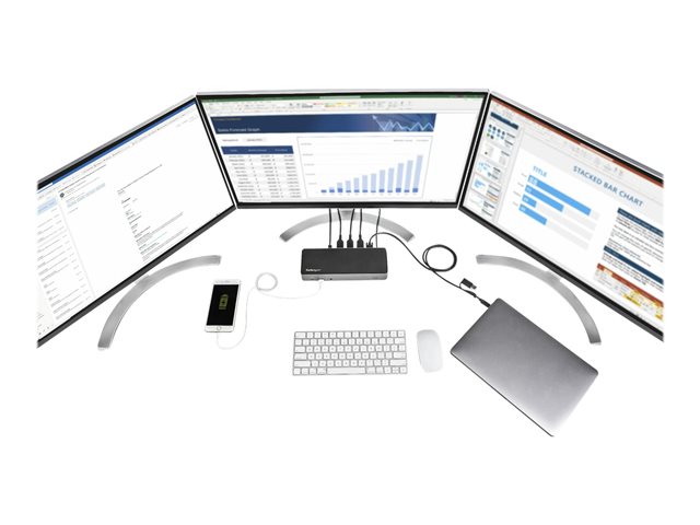 StarTech.com USB-C & USB-A Dock, Hybrid Universal Triple Monitor Laptop Docking Station w/ DisplayPort & HDMI 4K 60Hz, 85W Power Delivery, 6x USB Hub, Ethernet, Audio, USB 3.1 Gen 2 10Gbps - Multi-Monitor Dock (DK31C3HDPDUE) - Docking station - USB-C - 3 x HDMI, 3 x DP - 1GbE - 85 Watt