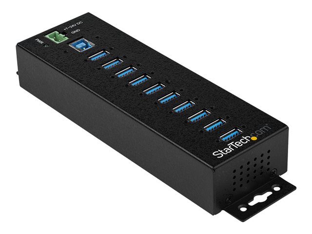 StarTech.com 10 Port USB Hub with Power Adapter, Surge Protection, Metal Industrial USB 3.0 Data Transfer Hub, Din Rail, Wall or Desk Mountable, High Speed USB 3.1/ USB 3.2 Gen 1 5Gbps Hub - Windows/macOS/Linux (HB30A10AME) - Hub - 10 x USB 3.2 Gen 1 - DIN rail mountable, wall-mountable - TAA Compliant - for P/N: ITB20D3250