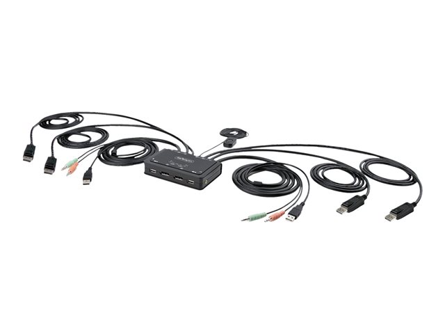 StarTech.com 2-Port Dual-Monitor DisplayPort Cable KVM Switch, 4K 60Hz, Compact KVM with 5ft/1.5m USB-A/DisplayPort/Audio Integrated Cables, Bus Powered - Remote Push Button/Hotkey Switching (C2-DD46-UA2-CBL-KVM) - KVM / audio / USB switch - compact