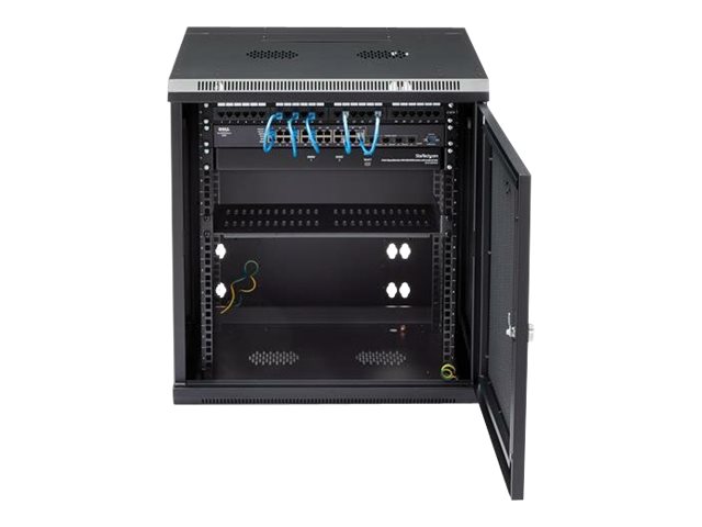 StarTech.com 12U 19\" Wall Mount Network Cabinet, 20\" Deep 4 Post Hinged Locking IT Computer Equipment Enclosure with Shelf, Flexible Vented Switch Depth Data Rack Cisco 3850, 2960 Series - 12U Vented Cabinet (RK1224WALHM) - Rack enclosure cabinet - wall mountable - black - 12U