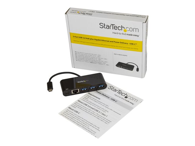 StarTech.com 3 Port USB-C Hub with Gigabit Ethernet & 60W Power Delivery Passthrough Laptop Charging, USB-C to 3x USB-A (USB 3.0 SuperSpeed 5Gbps), USB 3.1/USB 3.2 Gen 1 Type-C Adapter Hub - Windows/macOS/Linux (HB30C3AGEPD) - Hub - 3 x SuperSpeed USB 3.0 + 1 x 10/100/1000 - desktop