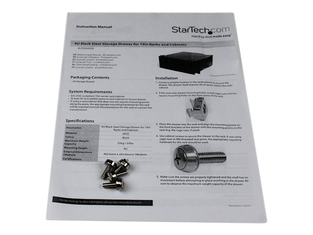 StarTech.com 4U Black Steel Storage Drawer for 19in Racks and Cabinets - Rack storage drawer - 4U - 4UDRAWER - Rack storage drawer - 4U - for P/N: CABSCRWS1224, RK2537BKM, RK3236BKF, RK4236BKB, RK4242BK24, RK4242BK30, RKQMCAB12V2