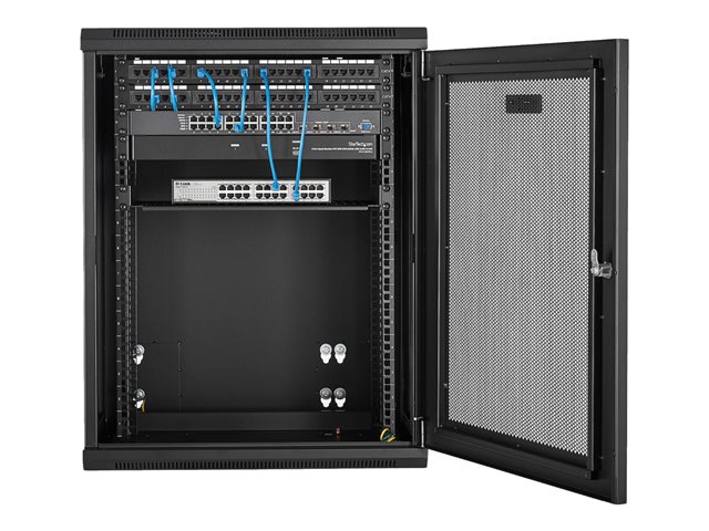 StarTech.com 15U 19\" Wall Mount Network Cabinet, 16\" Deep Hinged Locking IT Network Switch Depth Enclosure, Assembled Vented Computer Equipment Data Rack with Shelf & Flexible Side Panels - 15U Vented Cabinet - Rack cabinet - 4-post - wall mountable - black - 15U - 16\"