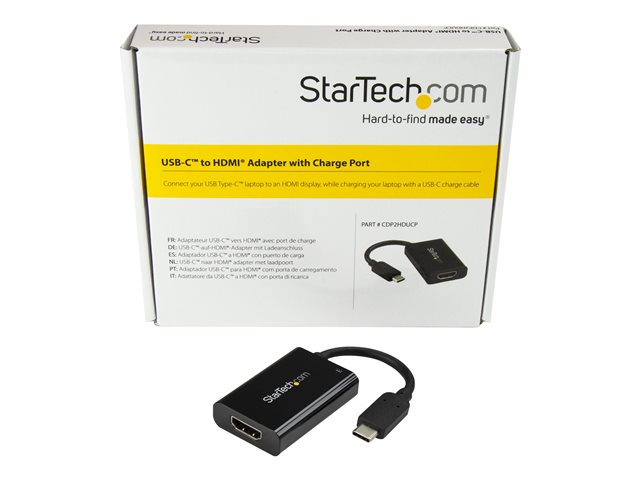 StarTech.com USB C to HDMI 2.0 Adapter with Power Delivery, 4K 60Hz USB Type-C to HDMI Display/Monitor Video Converter, 60W PD Pass-Through Charging Port, Thunderbolt 3 Compatible, Black - USB-C Display Adapter (CDP2HDUCP) - Adapter - 24 pin USB-C male to HDMI, USB-C (power only) female - black - USB Power Delivery (60W), 4K60Hz (4096 x 2160) support