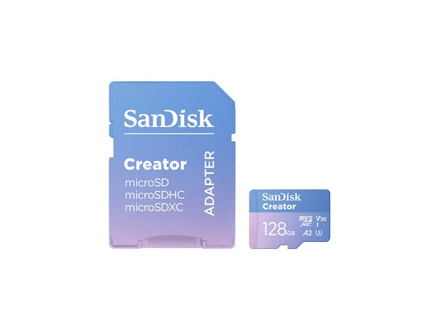 SanDisk Creator - Flash memory card (microSDXC to SD adapter included) - 128 GB - A2 / Video Class V30 / UHS-I U3 - microSDXC UHS-I