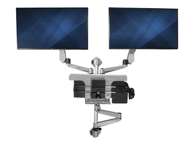 StarTech.com Wall Mount Workstation, Articulating Standing Desk w/ Ergonomic Height Adjustable Dual Monitor Arm u0026 Keyboard Tray, 2x 30" VESA Displays, Foldable Wall Mounted Sit Stand Desk - Foldable Standing Desk (WALLSTSI2) - Mounting kit (pole, mouse holder, wrist rest, wall mount bracket, keyboard tray, 2 display brackets, 2 x spring arms, 2 x swivel arms with logo, monitor shoulder, wall mount bracket with lock plate, 2 x swivel arms, mouse tray, mouse tray fixed plate, EVA mouse pad) - for 2 LCD displays / keyboard / mouse - plastic, aluminium, steel - silver - screen size: 13"-30" - wall-mountable - TAA Compliant