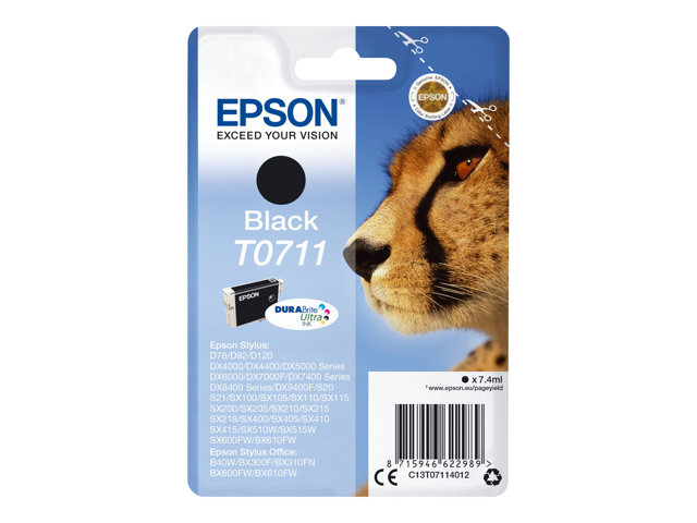 Epson T0711 - 7 ml - black - original - ink cartridge - for Stylus DX9400, SX115, SX210, SX215, SX218, SX415, SX515, SX610, Stylus Office BX310, BX610
