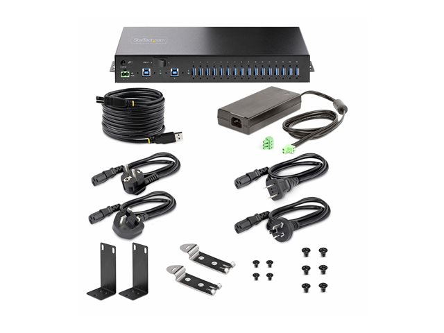 StarTech.com 16-Port Industrial USB 5Gbps Hub with Power Adapter, Metal Enclosure, Mountable, ESD Protection, Terminal Block Power, USB Charging, Dual-Host Switch - TAA - Hub - 16 x USB 3.2 Gen 1 - desktop, rack-mountable, wall-mountable, DIN rail mountable - TAA Compliant