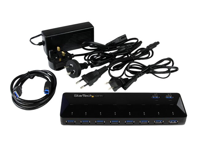 StarTech.com 10 Port USB 3.0 Hub with Charge & Sync Ports - 8 x USB-A, 2 x USB-A Fast Charge Ports - Multi Port Powered USB Hub (ST103008U2C) - USB peripheral sharing switch - 10 x SuperSpeed USB 3.0 - desktop - for P/N: DKWG30DPHPD, DKWG30DPHPDU, TB33A1C, USB312SAT3CB, USB315CB2M, USBLTM1MBK, USBLTM1MWH