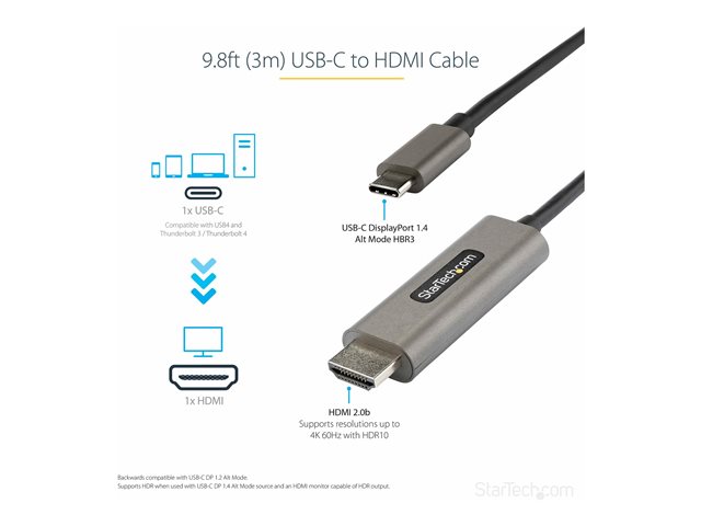 StarTech.com 9.8ft (3m) USB C to HDMI Cable 4K 60Hz with HDR10, Ultra HD USB Type-C to 4K HDMI 2.0b Video Adapter Cable, USB-C to HDMI HDR Monitor/Display Converter, DP 1.4 Alt Mode HBR3 - Thunderbolt 3 Compatible (CDP2HDMM3MH) - Adapter cable - 24 pin USB-C male to HDMI male - 3 m - black - 4K support, active