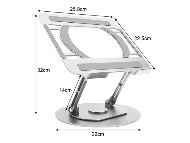 VISION laptop mount - LIFETIME WARRANTY - turntable laptop stand - lifts laptop up to 150 mm above desk - suits any size laptops - set laptop on any angle - anodized CNC Aluminium alloy construction - silicon anti skid pads protect laptop and table - gunmetal