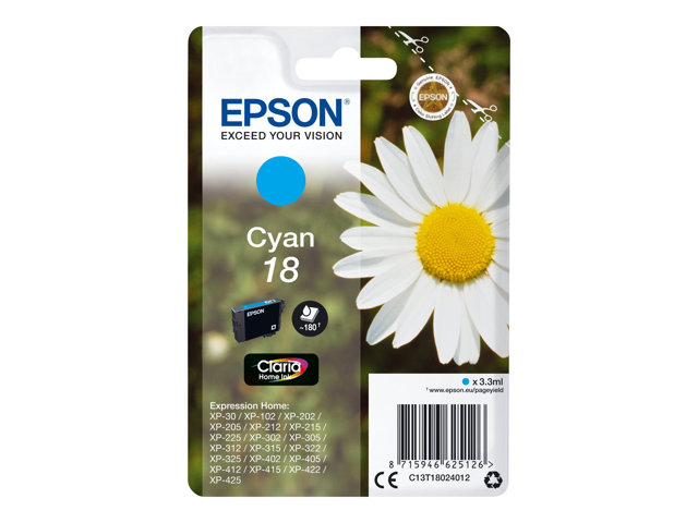 Epson 18 - 3.3 ml - cyan - original - ink cartridge - for Expression Home XP-212, 215, 225, 312, 315, 322, 325, 412, 415, 422, 425