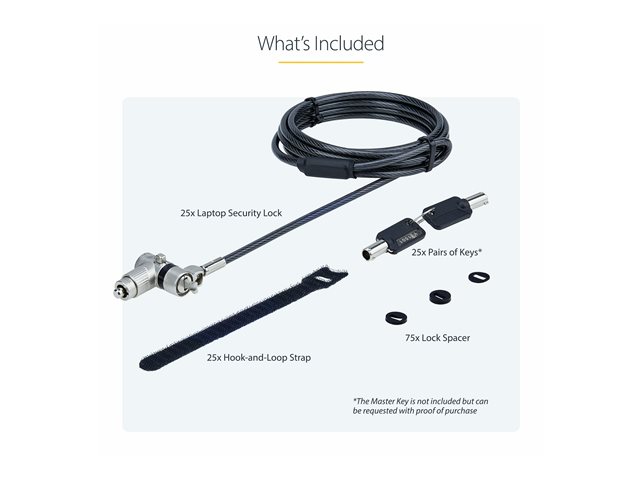 StarTech.com 25-Pack Universal Laptop Lock 6.6ft (2m), Master Keyed Locking Cable, Computer Security, Compatible w/Noble Wedge/Nano/K-Slot, Anti-Theft Cut-Resistant Cable - Security cable lock - black & silver - 2 m (pack of 25)
