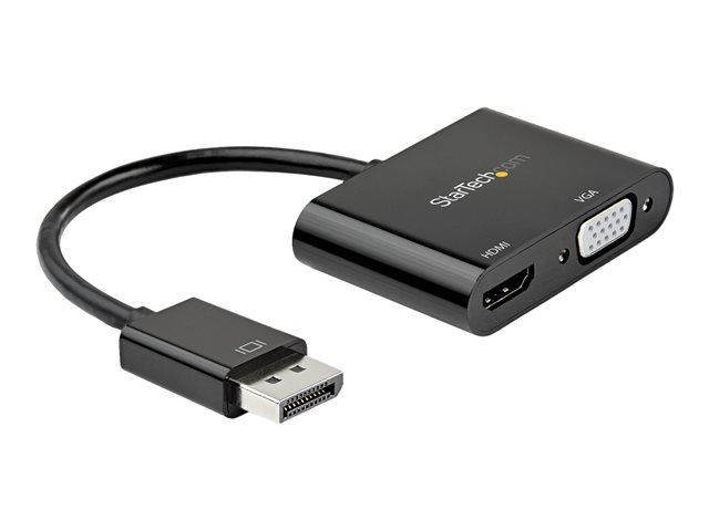 StarTech.com DisplayPort to HDMI VGA Adapter, DisplayPort 1.2 HBR2 to HDMI 2.0 (4K 60Hz) or VGA 1080p Converter Dongle, DP to HDMI or VGA Monitor Adapter, Digital Video Display Adapter - Multiport Video Dongle (DP2VGAHD20) - Adapter - DisplayPort male to HD-15 (VGA), HDMI female - 23.2 cm - black - 4K support