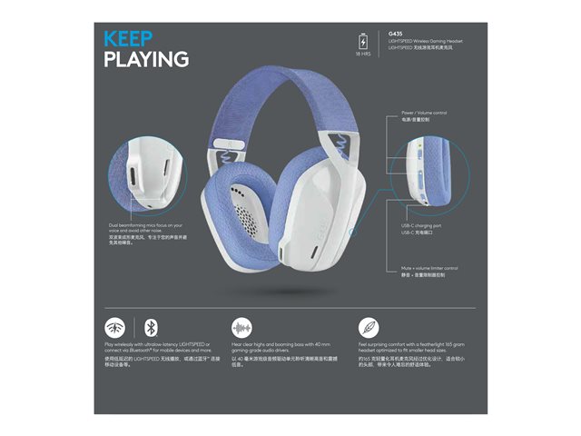 Logitech Lightspeed G435 - Headset - full size - Bluetooth / 2.4 GHz radio frequency - wireless - white - Discord Certified