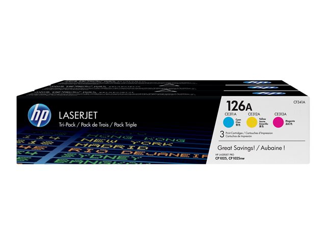 HP 126A - 3-pack - yellow, cyan, magenta - original - LaserJet - toner cartridge (CF341A) - for Color LaserJet Pro CP1025, LaserJet Pro MFP M175, TopShot LaserJet Pro M275