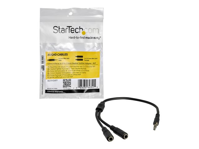 StarTech.com 4 Position to 2x 3 Position 3.5mm Headset Splitter Adapter - Headset splitter - 4-pole mini jack male to mini jack female - 20 cm - black - for P/N: DK30A2DH, DK30CHDDPPD, DK30CHDPPDUE, MST30C2HDPPD, USB3SMDOCK4K, USB3VDOCKD