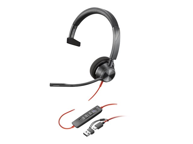 Poly Blackwire 3310 Monaural Microsoft Teams Certified USB-C Headset +USB-C/A Adapter - Replaces Poly SKU 214011-101