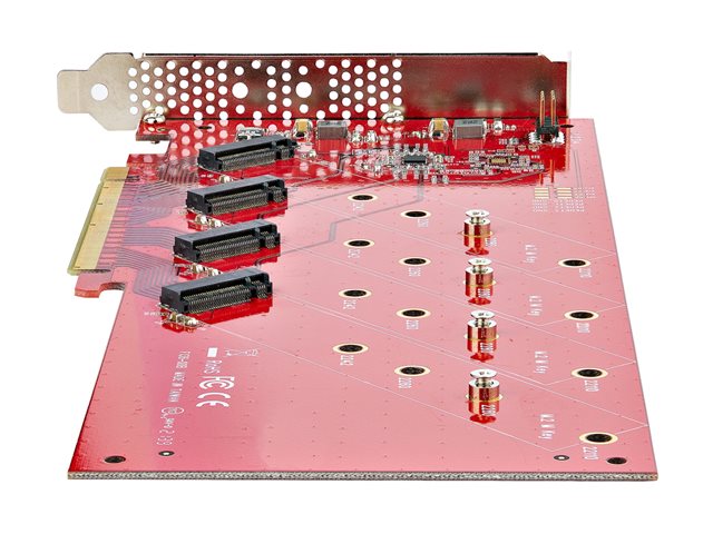StarTech.com Quad M.2 PCIe Adapter Card, x16 Quad NVMe or AHCI M.2 SSD to PCI Express 4.0, Up to 7.8GBps/Drive, For 2242/2260/2280/22110mm PCIe M-Key M2 SSDs, Bifurcation Required - PC/Linux Compatible (QUAD-M2-PCIE-CARD-B) - Interface adapter - M.2 - Expansion Slot to 4 x M.2 - M.2 Card - low profile - RAID RAID 0, 1, JBOD - PCIe 4.0 x16/x8 - red