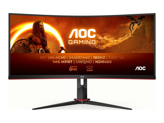 AOC Gaming CU34G2XP/BK - LED monitor - gaming - curved - 34\" - 3440 x 1440 WQHD @ 180 Hz - VA - 4000:1 - DisplayHDR 400 - 1 ms - 2xHDMI, 2xDisplayPort - black