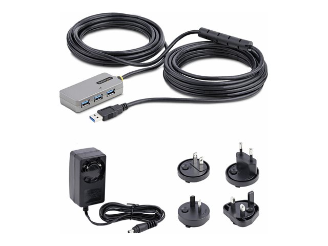 StarTech.com USB Extender Hub, 10m USB 3.0 Extension Cable with 4-Port USB Hub, Active/Bus Powered USB Repeater Cable, Optional 20W Power Supply Included - USB-A Hub w/ ESD Protection (U01043-USB-EXTENDER) - Hub - 4 x USB 3.2 Gen 1 - desktop