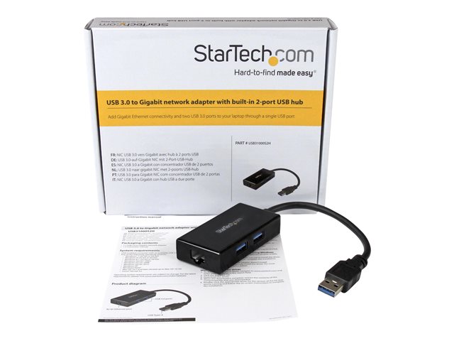 StarTech.com 2 Port USB 3.0 Hub with Ethernet - USB 3.0 x 2 - Gigabit Ethernet Network Adapter for Windows / Mac / Chrome (USB31000S2H) - Network adapter - USB 3.0 - Gigabit Ethernet x 1 - black
