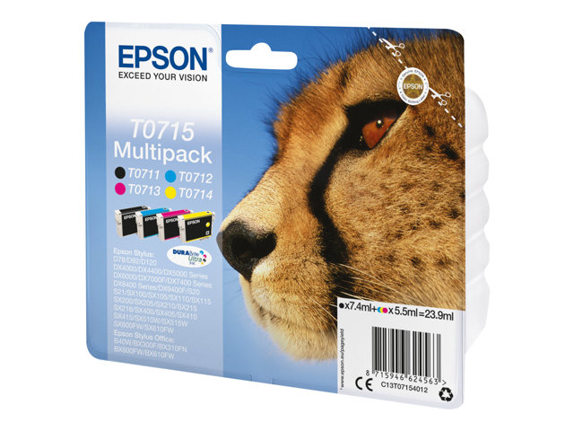 Epson T0715 Multipack - 4-pack - 23.9 ml - black, yellow, cyan, magenta - original - ink cartridge - for Stylus DX9400, SX115, SX210, SX215, SX218, SX415, SX515, SX610, Stylus Office BX310, BX610