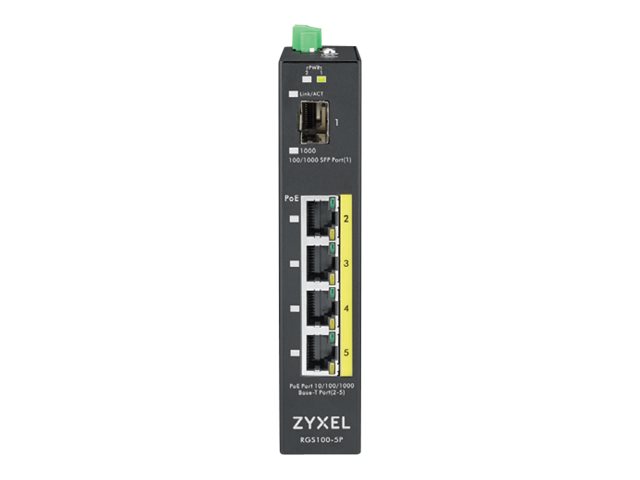 Zyxel RGS100-5P - Switch - unmanaged - 4 x 10/100/1000 (PoE+) + 1 x Fast Ethernet/Gigabit SFP - DIN rail mountable, rack-mountable - PoE+ (120 W) - DC power