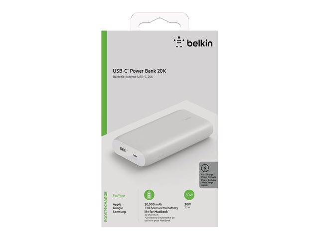 Belkin BoostCharge - Power bank - 20000 mAh - 30 Watt - Fast Charge, PD - 2 output connectors (USB, 24 pin USB-C) - white