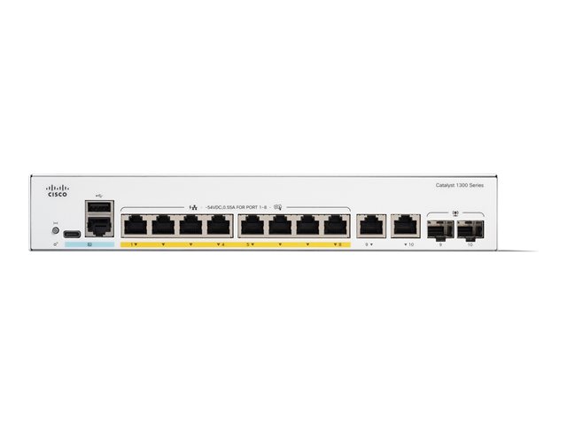 Cisco Catalyst 1300-8P-E-2G - Switch - L3 - Managed - 8 x 10/100/1000 (PoE+) + 2 x combo Gigabit SFP/RJ-45 - rack-mountable - PoE+ (60 W) - remanufactured