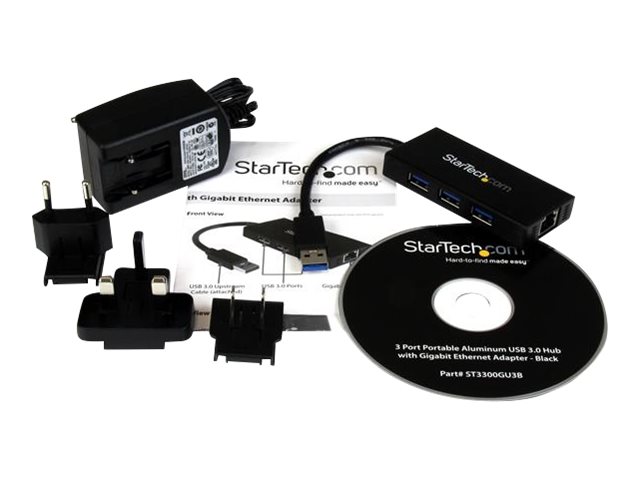 StarTech.com USB 3.0 Hub with Gigabit Ethernet Adapter - 3 Port - NIC - USB Network / LAN Adapter - Windows & Mac Compatible (ST3300GU3B) - Hub - 3 x SuperSpeed USB 3.0 + 1 x 10/100/1000 - desktop - for P/N: PEXUSB3S2EI, PEXUSB3S42, PEXUSB3S7, SVA5H2NEUA