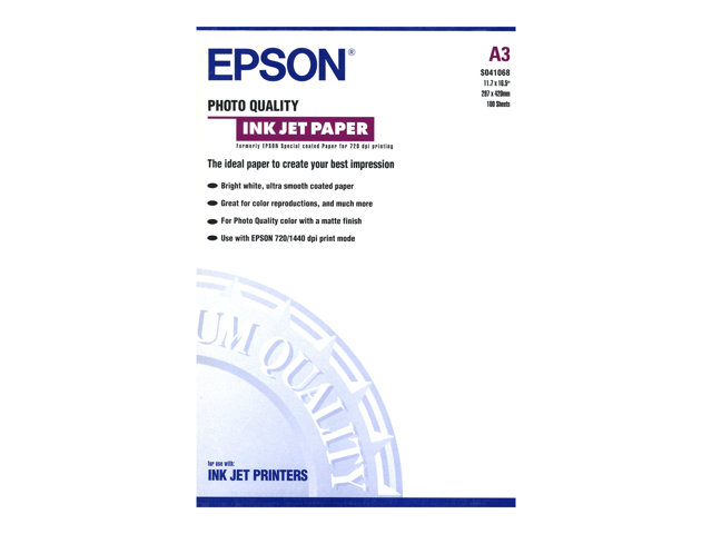 Epson Photo Quality Ink Jet Paper - Matte - coated - A3 (297 x 420 mm) - 102 g/m² - 100 sheet(s) paper - for SureColor SC-P700, P7500, P900, P9500, T2100, T3100, T3405, T5100, T5400, T5405