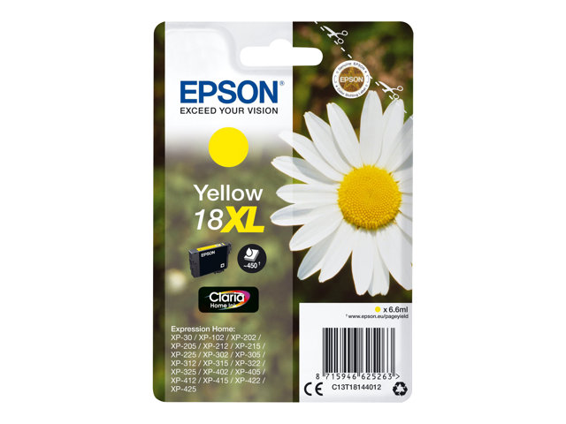 Epson 18XL - 6.6 ml - XL - yellow - original - ink cartridge - for Expression Home XP-212, 215, 225, 312, 315, 322, 325, 412, 415, 422, 425