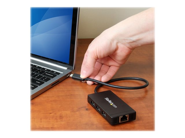 StarTech.com 3 Port USB C Hub with Ethernet - USB-C to 3x USB-A w/ Power Adapter & Gigabit Ethernet - Thunderbolt 3 Compatible - USB C Network Adapter (HB30C3A1GE) - Hub - 3 x SuperSpeed USB 3.0 + 1 x 10/100/1000 - desktop