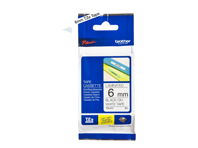 Brother TZe-211 - Standard adhesive - black on white - Roll (0.6 cm x 8 m) 1 cassette(s) laminated tape - for Brother PT-D210, D600, H110, P-Touch PT-1005, 1880, E310, E800, P-Touch Cube Plus PT-P710