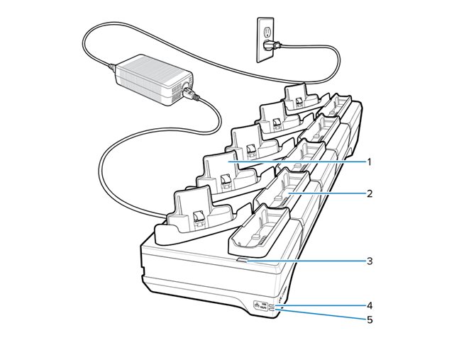 WT6400 5-SLOT ETHERNET CRADLE W/BATTERY CHARGER CHARGES 5 WEARABLE TERMINALS AND 5 BATTERIES. ETHERNET COMMS. REQUIRES PWR-BGA12V108W0WW DC LINE CORD CBL-DC-382A1-01 AND 3-WIRE GROUNDED COUNTRY SPEC