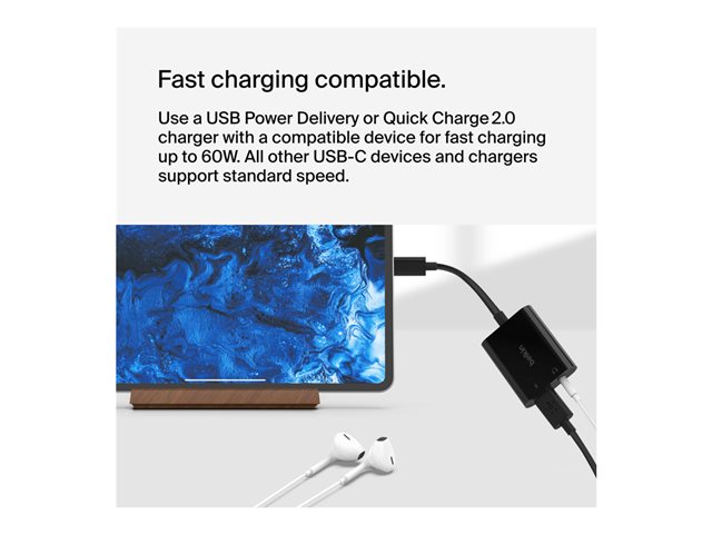 Belkin RockStar - USB-C to headphone jack / charging adapter - USB-C male to mini jack, USB-C female - 19.6 cm - USB Power Delivery (60W)
