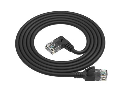 ACT Zwarte 0 5 meter U/UTP CAT6A LSZH Slimline patchkabel met RJ45 connectoren recht naar 90 haaks rechts