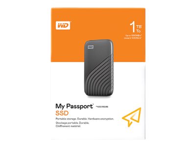 WD My Passport SSD WDBAGF0010BGY - SSD - encrypted - 1 TB - external (portable) - USB 3.2 Gen 2 (USB-C connector) - 256-bit AES - space grey