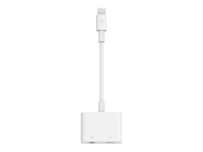 Belkin 3.5 mm Audio + Charge RockStar - Lightning to headphone jack / charging adapter - Lightning male to 4-pole mini jack, Lightning female - white