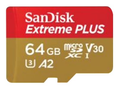 SanDisk Extreme PLUS - Flash memory card (microSDXC to SD adapter included) - 64 GB - A2 / Video Class V30 / UHS-I U3 / Class10 - microSDXC UHS-I