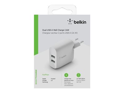 Belkin BoostCharge - Power adapter - 24 Watt - QC 3.0 - 2 output connectors (USB) - white