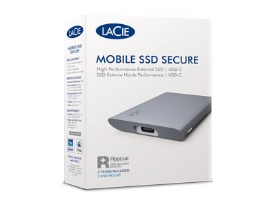 LaCie Mobile Secure STKH2000800 - SSD - High Performance - encrypted - 2 TB - external (portable) - USB 3.2 Gen 2 (USB-C connector) - 256-bit AES - space grey - with 3 years Seagate Rescue Data Recovery
