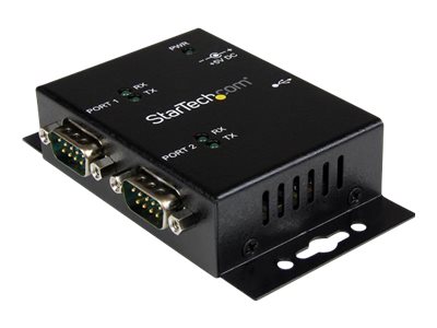 StarTech.com USB to Serial Adapter - 2 Port - Wall Mount - Din Rail Clips - Industrial - COM Port Retention - FTDI - DB9 (ICUSB2322I) - Serial adapter - USB 2.0 - RS-232 x 2 - black