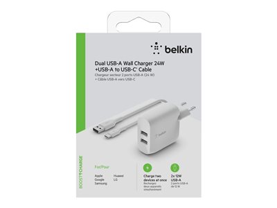 Belkin BoostCharge - Power adapter - 24 Watt - 2 output connectors (USB) - white
